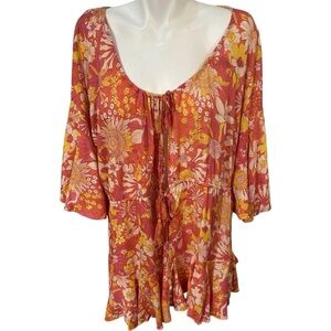 Saints + Secrets Boho Tunic Top Womens Size Large Orange Pink Floral New